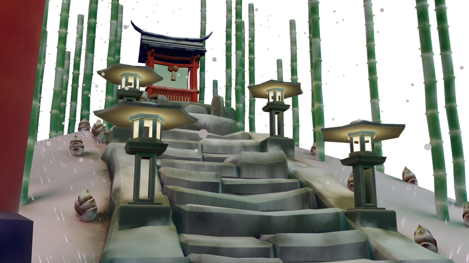 Diorama d'un petit temple japonais dans une nature enneigée. Low poly et texture handpaint. Détails lors du clic.
