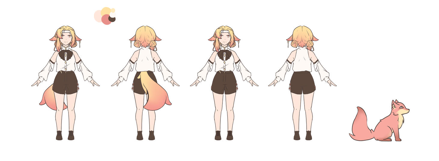 Design d’un personnage "Furry" pouvant se transformer en renard. Ses oreilles baissées reflètent son tempérament posé, et ses vêtements soignés pour rappeler son origine aisée.